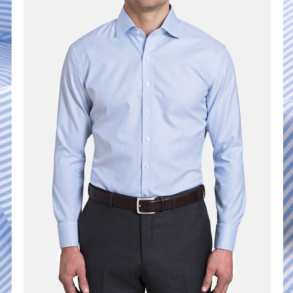 Proper cloth The Thomas Mason Wrinkle-Resistant Shirt. Light blue fine stripes.